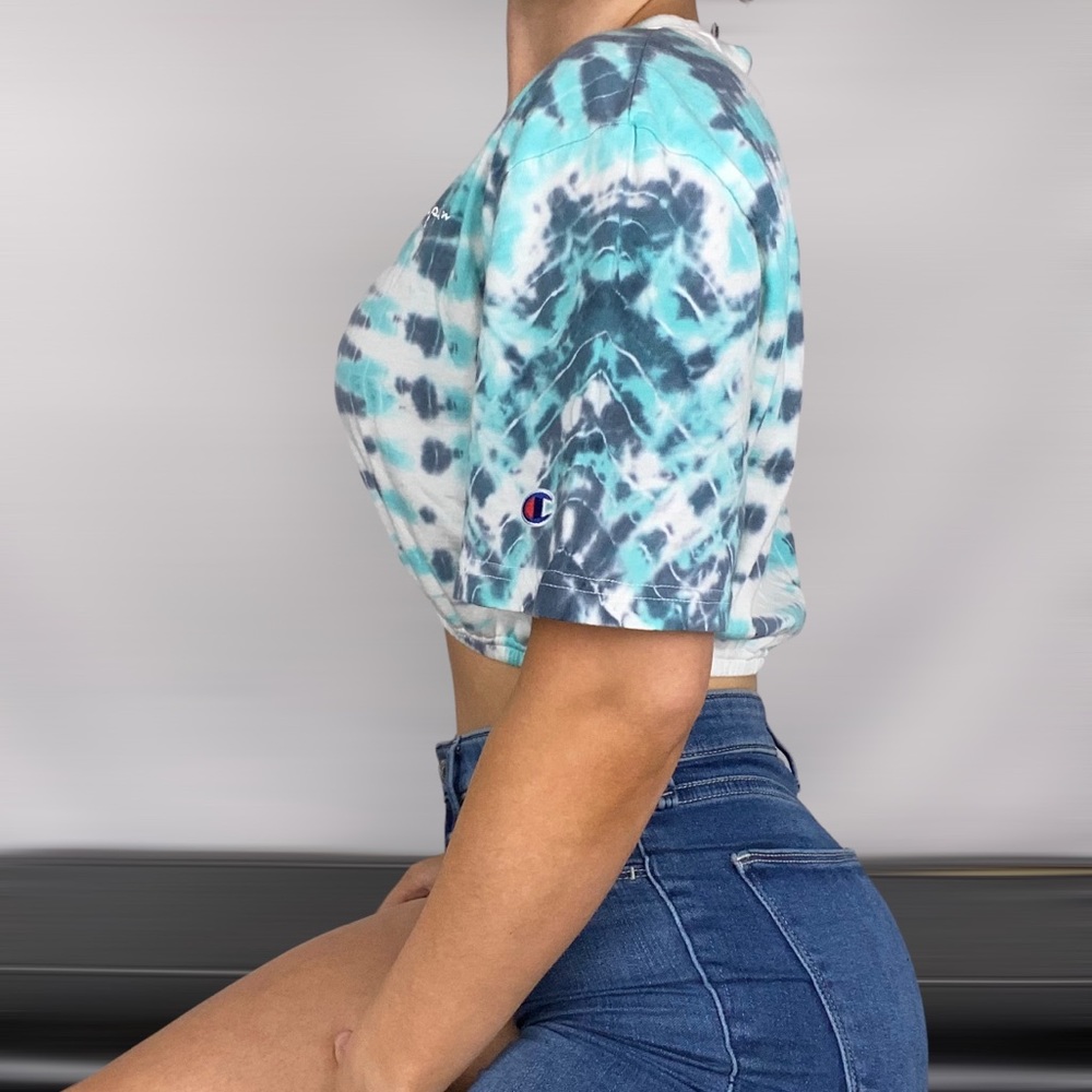 CHAMPION Short Sleeve Cinch Crop‎ Top Tie Dye Casual Hippie Skater Gym - Picture 2 of 3